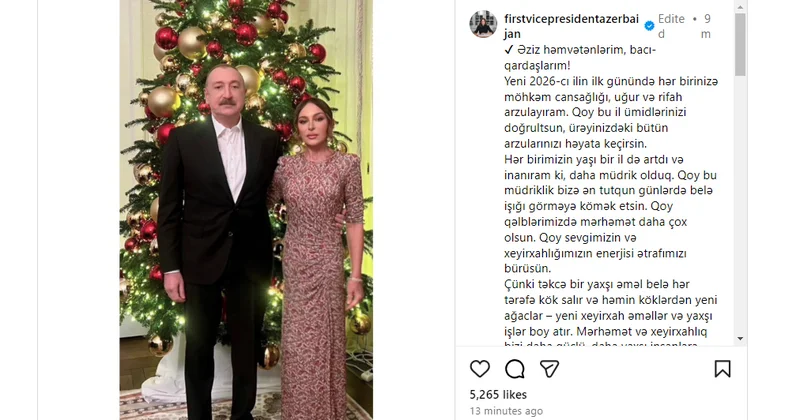 Azərbaycanın Birinci vitse prezidenti Mehriban Əliyeva 2026 cı ilin ilk günü ilə bağlı paylaşım edib
