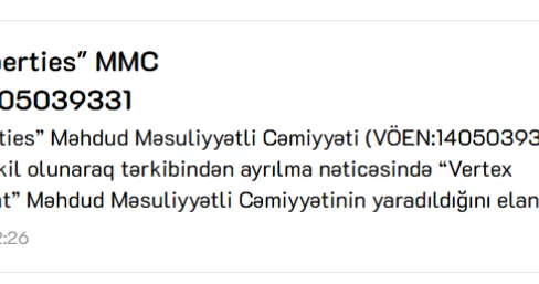“Bank Avrasiya”nın səhmdarı olan şirkətin tərkibindən ayrılma olub, yeni şirkət yaradılıb
