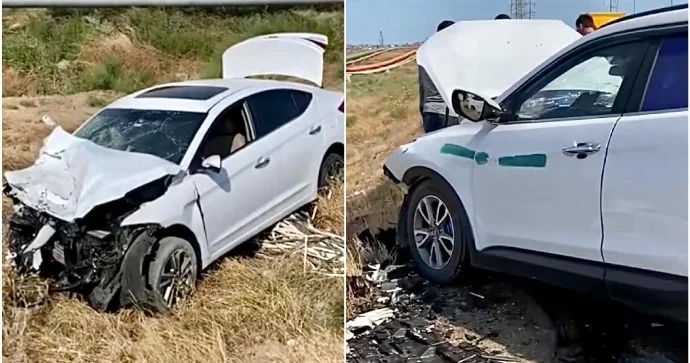 Balaxanı yolunda iki “Hyundai” toqquşdu; biri dərəyə yuvarlandı VİDEO