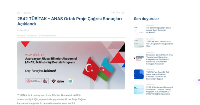 Azərbaycan Milli Elmlər Akademiyası ilə TÜBİTAK ın elan etdiyi layihə müsabiqəsinin nəticələri açıqlanıb