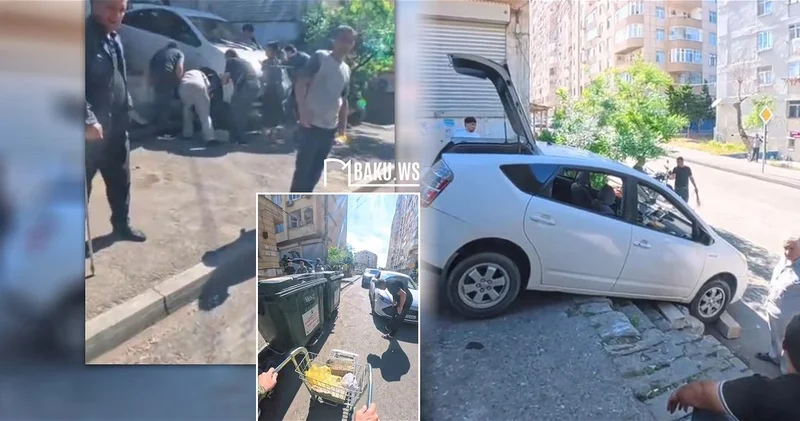 Prius застрял на лестнице, а пустая тележка покатилась и врезалась в такси ВИДЕО