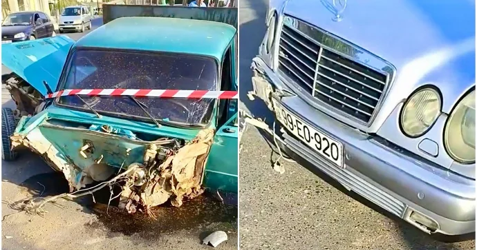 Ağdamda “Mercedes”lə toqquşan “VAZ” iki hissəyə bölündü VİDEO