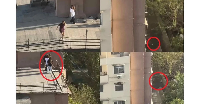 Bakıda qızlar binanın damında içki içib butulkanı insanların başına atdı VİDEO