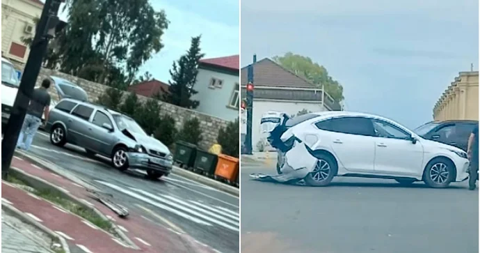 Mərdəkanda qayda pozan sürücü qəza törətdi; “BYD”nin arxası “yoxa çıxdı” VİDEO