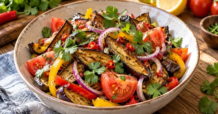 Sobada bişmiş badımcan və tərəvəz salatı