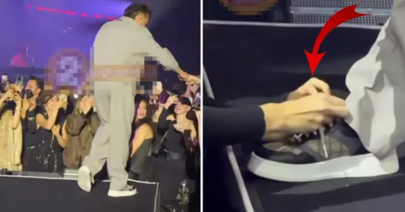 Səhnədə ayaqqabısını qadın fanatı bağladı, tənqid olundu Video