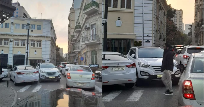 Şəhərin mərkəzində necə gəldi park edilən iki “Hyundai” hərəkəti çətinləşdirdi FOTO