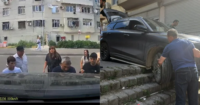 Pilləkəndən düşən maşını yoldan keçən qadın çiyni ilə çıxardı BAKIDA VİDEO