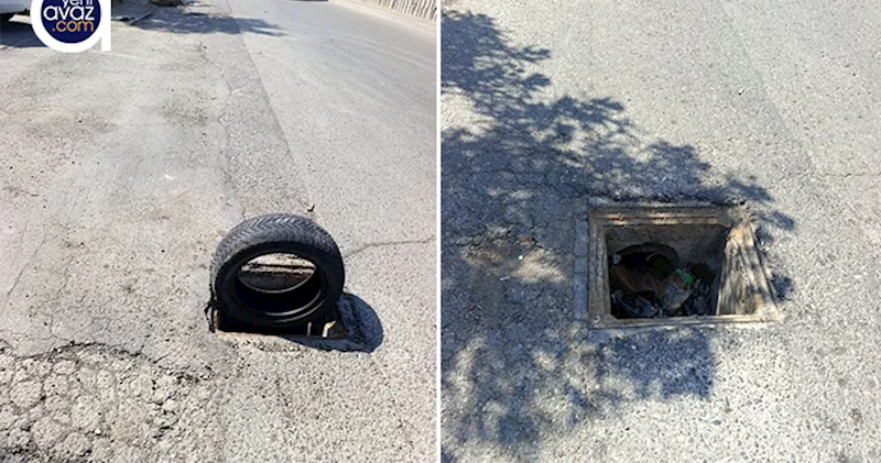 Masazır dairəsinin yaxınlığındakı açıq kanalizasiya quyuları sürücülərə təhlükə yaradır Fotolar