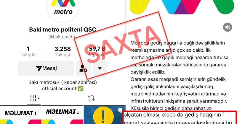 Bakı metrosunda gediş haqqının artdığını deyən SAXTA SƏHİFƏ yaranıb Qurum HƏRƏKƏTƏ KEÇDİ