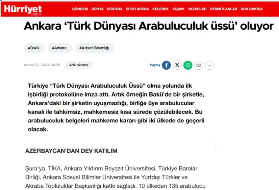 “Hürriyyet” qəzeti: Ankaradakı beynəlxalq qurultayda Azərbaycandan 86 mediator iştirak edib AZƏRTAC