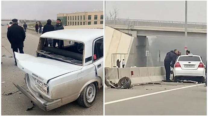 “VAZ”la toqquşan “Chevrolet”in təkəri qopdu, ardınca dirəyə çırpıldı VİDEO