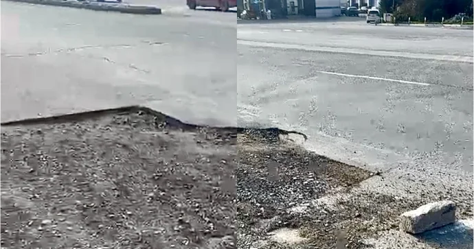 Bu ərazidə yolun bir hissəsi qazılıb, nişan yerinə isə daş qoyulub VİDEO