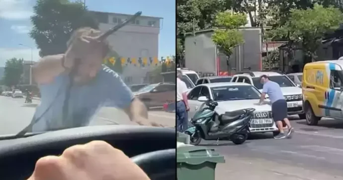 Motosiklet sürücüsü avtomobilin güzgüsünə yumruq atdı, sərnişin “kül başına” dedi ANBAAN VİDEO