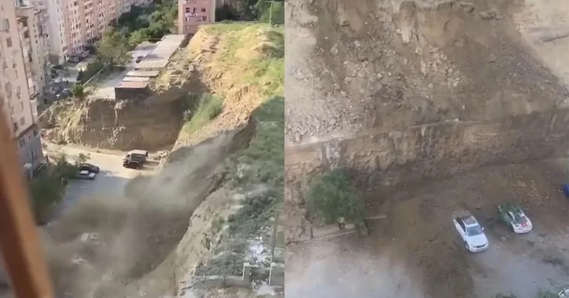 Bakıda DƏHŞƏTLİ ANLAR: Avtomobillər torpağın altında qaldı VİDEO