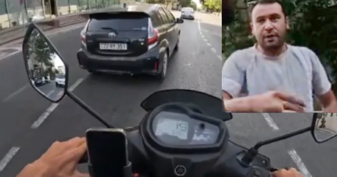 Öz zolağı ilə gedə bilməyən sürücü motosikleti sıxışdırdı, amma boynuna almadı VİDEO