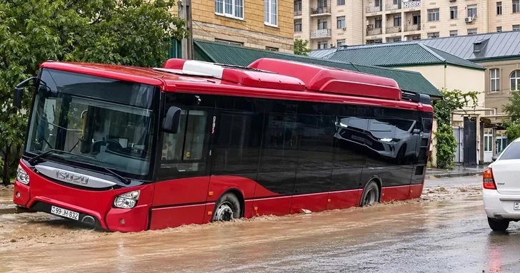 В Хырдалане пассажирский автобус провалился в образовавшуюся после дождя яму