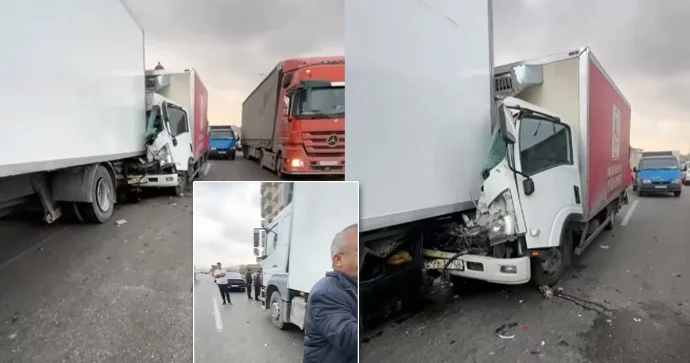 Bakı Sumqayıt yolunda iki yük avtomobili toqquşdu VİDEO YENİLƏNİB