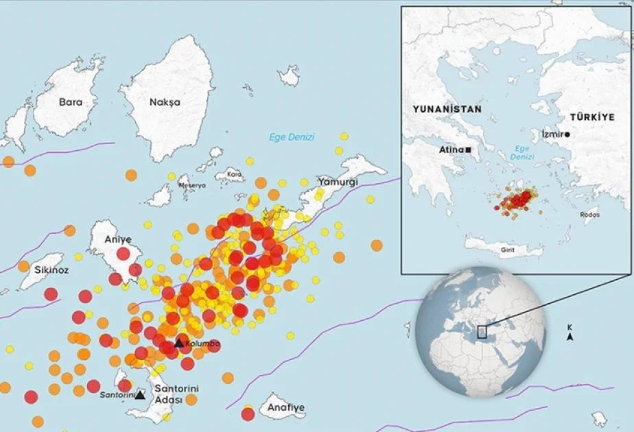 Bir saatda Egey dənizində ən güclüsü 5,2 bal olan 4 zəlzələ qeydə alınıb