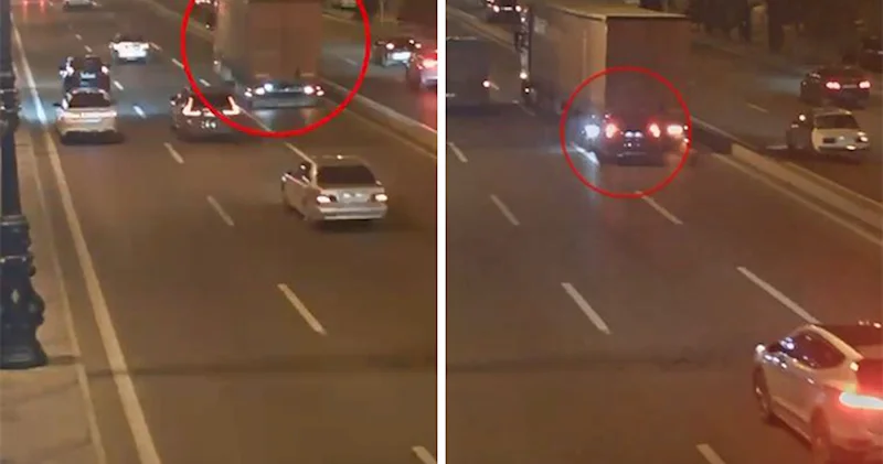 Yük maşını geriyə hərəkət etdi, qəzaya səbəb oldu Video