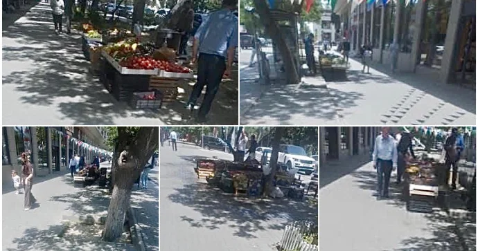 Prospektdə alverçilər sırayla səkidə dayanaraq meyvə tərəvəz satırlar FOTO