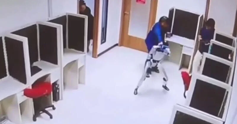 Робот гуманоид устроил "драку" с сотрудницей офиса ВИДЕО