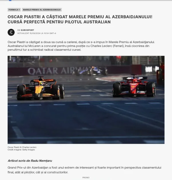 Rumıniya mediası Formula 1 Azərbaycan QranPrisini geniş işıqlandırıb