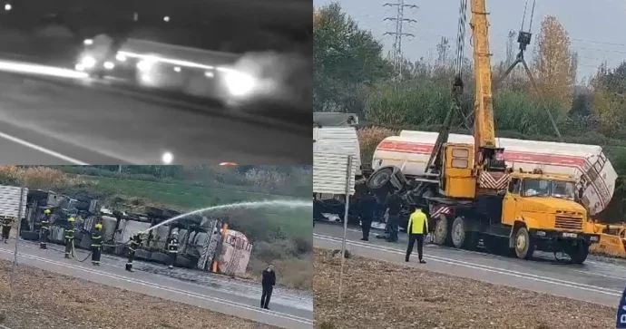 Bakıda yanacaqla dolu maşın aşdı; yol polisi görüntüləri yaydı VİDEO