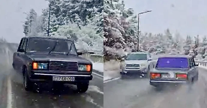 Qarlı Ağsu dolaylarında “VAZ”la “hoqqa” verən sürücü az qala qəzaya düşəcəkdi VİDEO