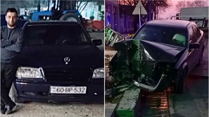 “Mercedes” dirəyə çırpılıb tanınmaz hala düşdü, sürücü və sərnişin yaralandı VİDEO