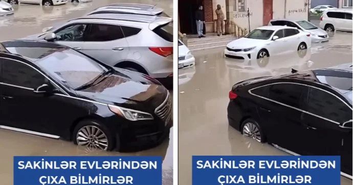 Xırdalan yenə yağışa təslim oldu Sakinlər evlərində, maşınlar da su altında qaldı VİDEO