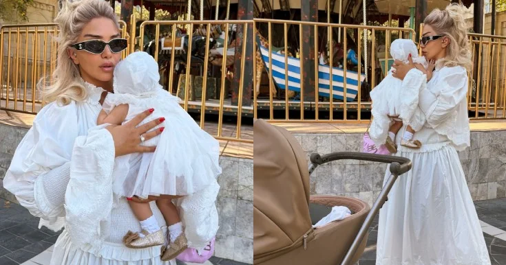 Yeni doğulan qızı ilə şəhər gəzintisinə çıxdı Fotolar