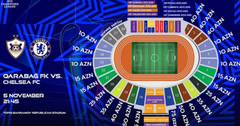 “Qarabağ” “Çelsi” matçı üçün 250, 400 və ya 1000 manat ödəməlisiz! qalan biletlər tükənib...