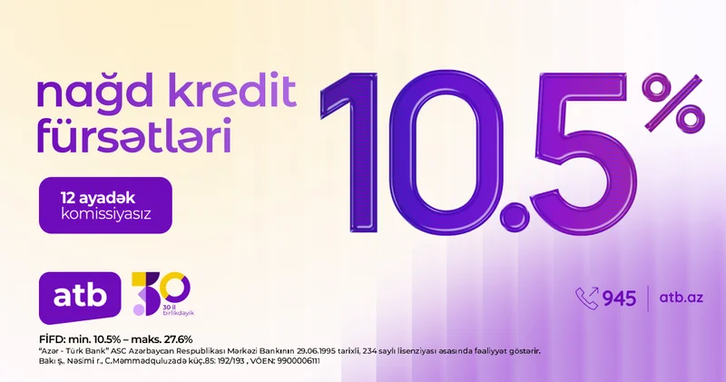 Azər Türk Bank istehlak kreditlərini illik 10,5% səviyyəsində təklif etməkdədir
