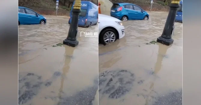 Bakı Dəmiryol Vağzalının yuxarısında yağış suları GÖLMƏÇƏ YARATDI