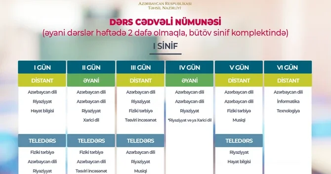 1 ci sinifdə dərslər belə olacaq CƏDVƏL
