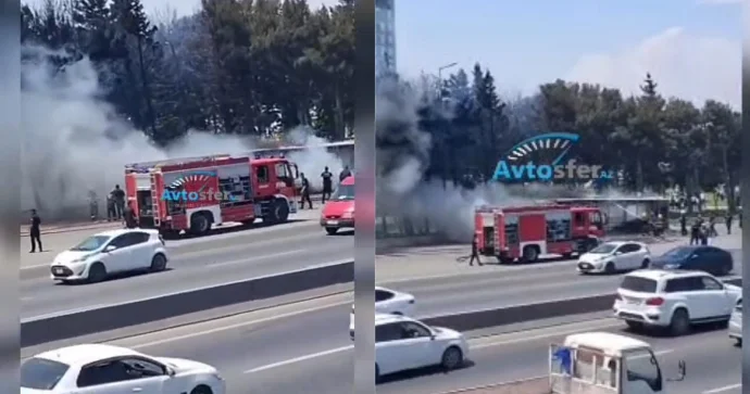 Bakı Sumqayıt yolunda avtobus yanıb AÇIQLAMA VİDEO