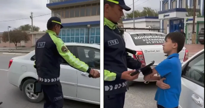 Maşın sürən 12 yaşlı şagird onu saxlayan yol polisinə hədə qorxu gəldi VİDEO