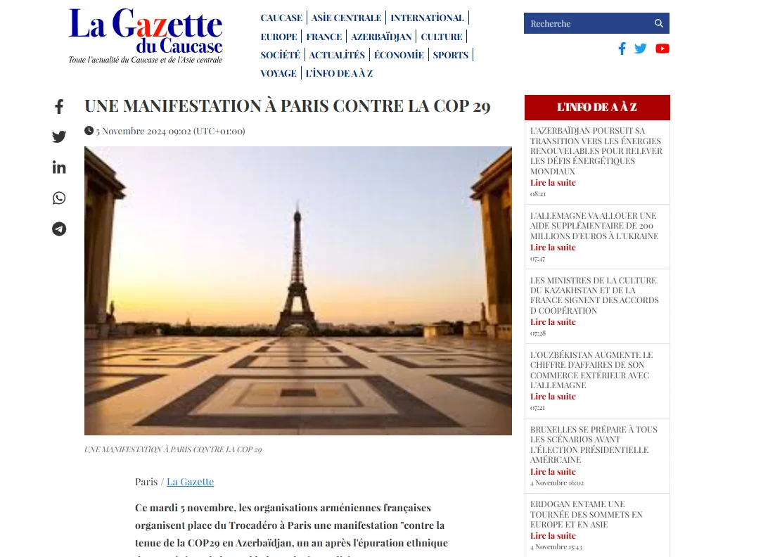 La Gazette du Caucase Azərbaycana qarşı hücumlara qarşı durur