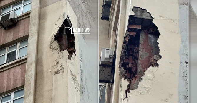 Yaşayış binasının fasadı uçub TƏHLÜKƏLİ VƏZİYYƏT