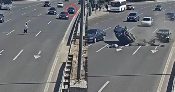 Bakıda piyadanın səhvinə görə dəhşətli qəza; piyada vuruldu, maşın aşdı REAL VİDEO
