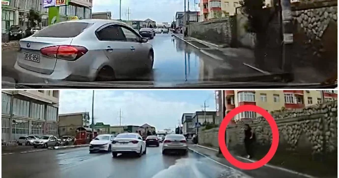 Masazırda qayda pozan taksi sürücüsü üstəlik piyadanı islatdı VİDEO
