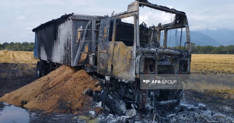 Oğuzda buğda yüklü TIR yanıb FOTO VİDEO YENİLƏNİB