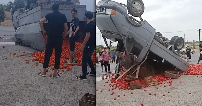 Xaçmazda yük maşını çevrilib aşdı Pomidorlar yola dağıldı