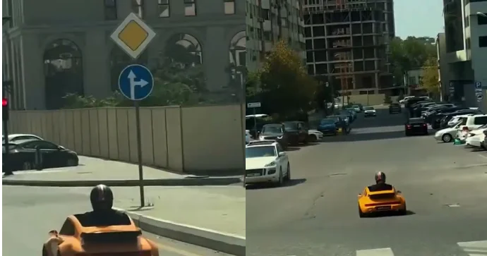 Əsas yolda təhlükəli vəziyyət: Oyuncaq maşınla yola çıxdı VİDEO
