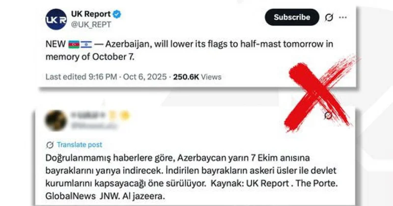 Türkiyə İsrail HAMAS müharibəsinin ildönümündə Azərbaycanda bayraqların yarıya endirildiyi barədə xəbərləri saxta adlandırıb