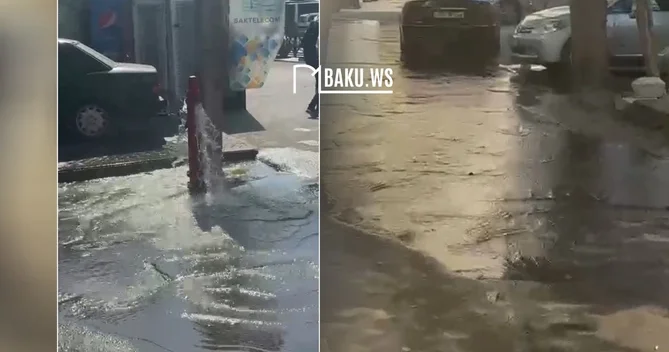 Bakıda daha bir su hidrantı partlayıb Küçəni su basıb