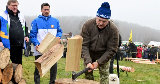 Lukaşenko balta ilə odun doğradı