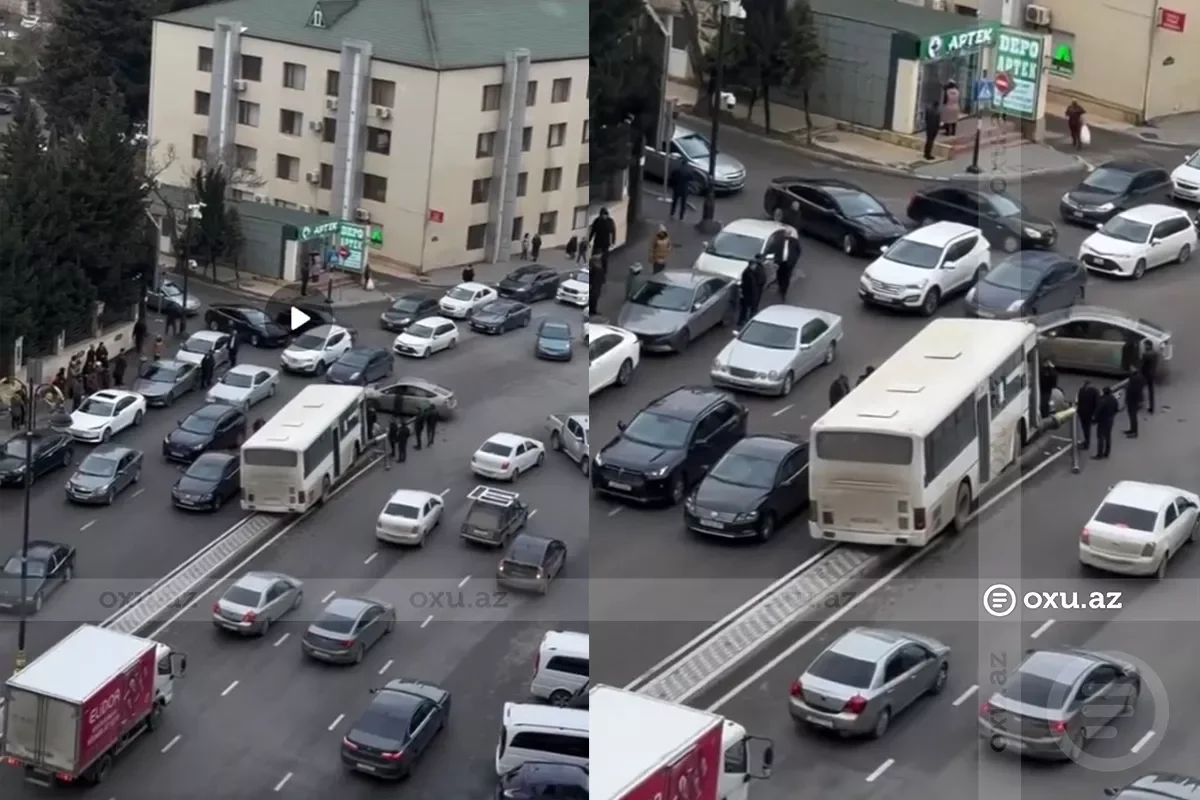 В Баку автобус снес фонарный столб Видео