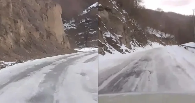 Buz bağlayan bu yol sürücülər üçün əsl tələyə çevrilib